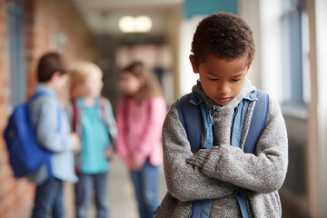 School friends bullying a sad boy in corridor