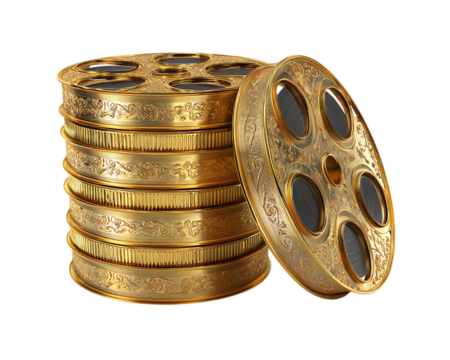 A stack of golden film reels with engraved patterns on transparent background