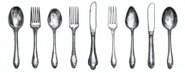 Black and white detailed illustration of vintage spoons, forks, and knives arranged in a neat row on a white background evoking a classic and elegant feeling