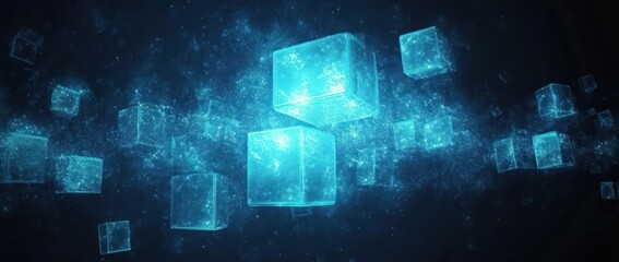 glowing blue translucent cubes floating in a dark space filled with sparkling particle effects creating a futuristic and digital atmosphere