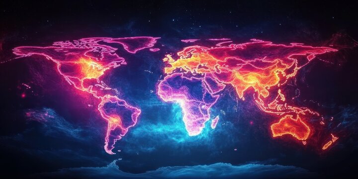 Glowing digital world map highlighting continents with vibrant neon colors on a dark space-like background conveying connectivity and energy