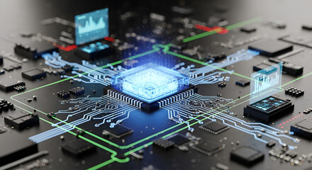 Intricate circuit board design showcasing data flow and processing power, illuminating the core components that drive modern technology, reflecting computational complexity and digital connectivity