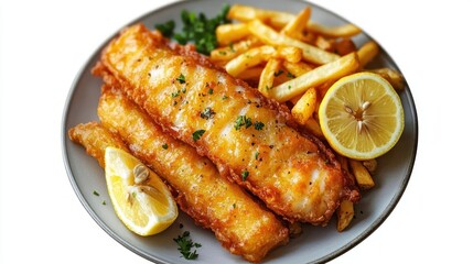Plate with two pieces of golden fried fish fillets garnished with chopped herbs, served with crispy French fries and lemon halves, creating a warm and appetizing meal