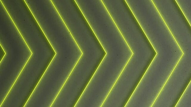 Abstract animated 3D arrows with glowing yellow neon edges moving horizontal on a concrete style background, seamless loopable element for tech, futuristic, digital, and modern design themes