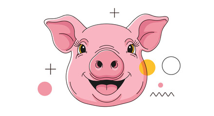 A charming pink pig face with a wide smile and playful geometric shapes adorning the background