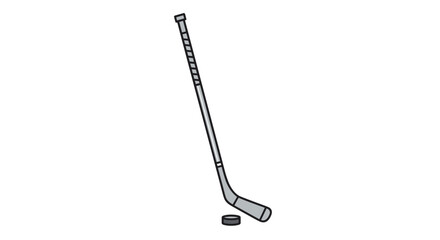 An illustration of a hockey stick and puck on a white background representing the sport of ice hockey and its equipment