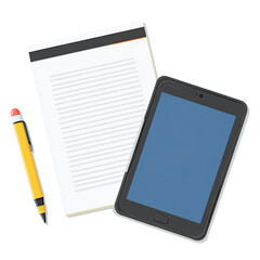 A tablet, notepad, and pen.  Flat illustration