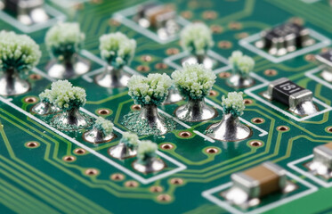 Obraz premium Close-up of a printed circuit board with microscopic corrosion starting at solder points. 
