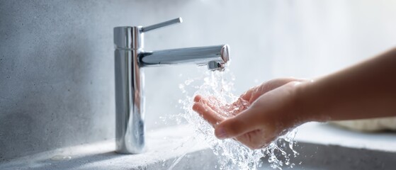 The gleaming faucet pours clean water into an open hand.