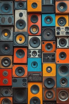 A colorful wall composed of various vintage speaker boxes in worn red, blue, orange, yellow, and black colors creating a vibrant, retro sound system collage
