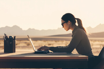 Focused digital nomad woman working on a laptop at a desk in a remote desert landscape, embodying freedom and a modern work-life balance