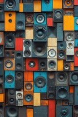 Obraz premium Wall covered with a colorful arrangement of various vintage and modern speakers tightly packed in a vibrant geometric pattern