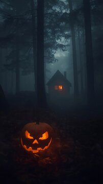 Halloween Jack-o'-Lantern in Foggy Forest with Haunted Cabin.