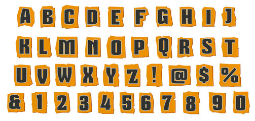 A set of collage art alphabet and numbers with a paper effect on a transparent PNG. vector illustration.