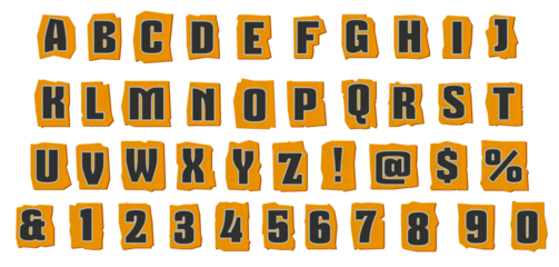 A set of collage art alphabet and numbers with a paper effect on a transparent PNG. vector illustration.