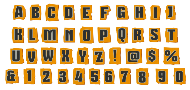 A set of collage art alphabet and numbers with a paper effect on a transparent PNG. vector illustration.