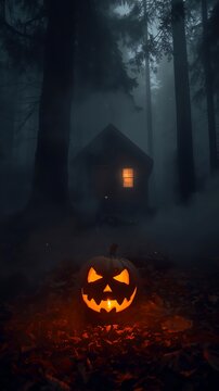 Halloween Jack-o'-Lantern in Foggy Forest with Haunted Cabin.