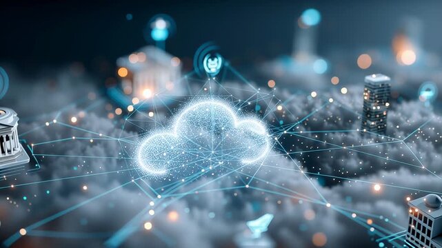 A digital illustration of a cloud computing network with interconnected structures.