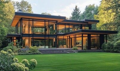 Modern two-story glass house surrounded by lush green trees and perfectly manicured lawn with warm interior lighting at dusk