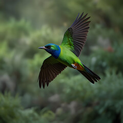 Fototapeta premium Spectacular flight of a vivid green bird