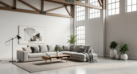Stylish loft living room with sectional sofa and high windows
