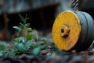 close-up of small green plants growing near a weathered yellow industrial pulley wheel on the ground, symbolizing resilience and contrast between nature and machinery