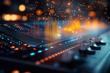 Close-up of audio mixing console with glowing orange and blue lights and a 3D sound wave visualizer overlay creating a dynamic and futuristic atmosphere
