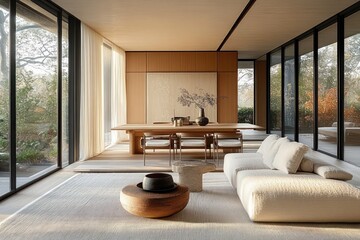 Bright and minimalist living room with large glass windows, wooden dining table with chairs, beige sofa, and natural light creating a calm and inviting atmosphere