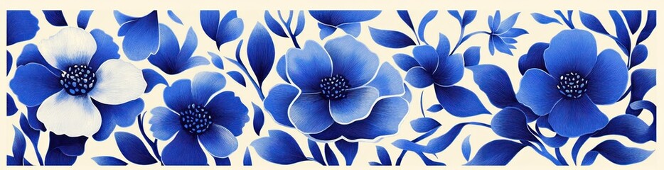 Detailed illustration of various large blue flowers with leaves on a light background, creating a serene and elegant floral pattern