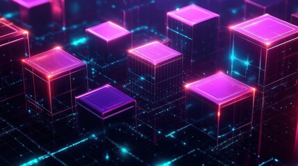 glowing futuristic cubes in neon pink and blue light on dark digital grid background representing advanced technology and data flow