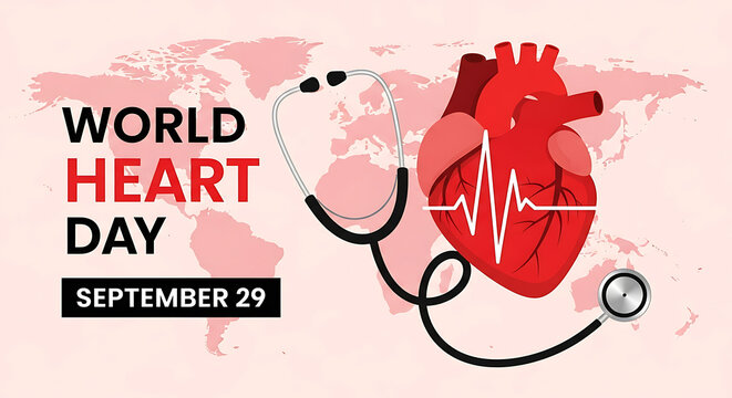 World Heart Day Illustration with Stethoscope Heartbeat and Earth Map Background