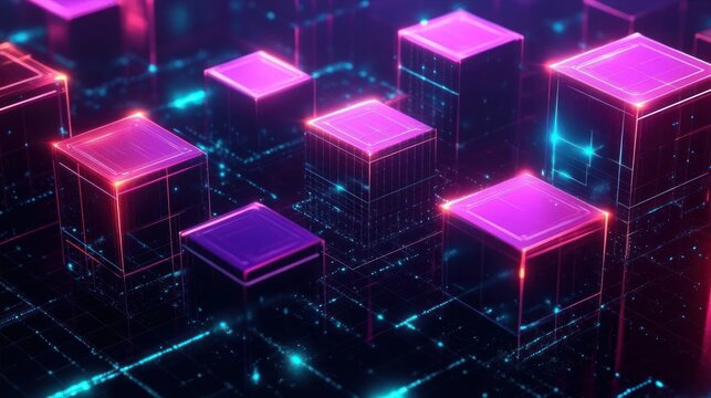 glowing futuristic cubes in neon pink and blue light on dark digital grid background representing advanced technology and data flow