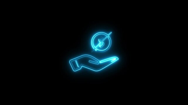 Dollar coin in hand. Glowing neon icon on  black background .Icon with two colors .4k video .
