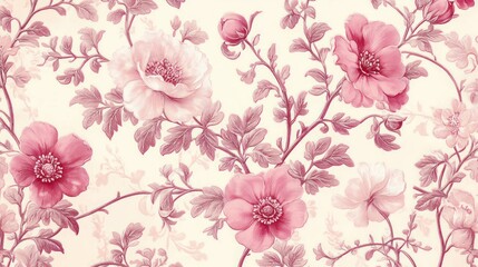 seamless floral pattern with pink flowers and detailed leaves on a light cream background evoking vintage elegance and tranquility