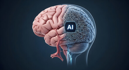 Conceptual illustration representing the convergence of human brain anatomy with artificial intelligence circuits, depicting the interplay between biological and digital intelligence systems and