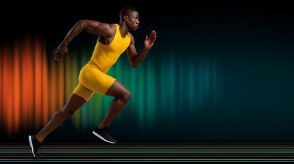 Athlete in yellow sprinting on digital track with glowing lines, concept of speed and power