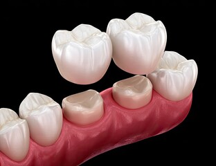 Dental crowns being placed on upper teeth