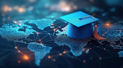 Blue graduation cap with orange tassel placed on a glowing digital world map with interconnected points and lines illustrating global education and connectivity