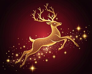 Golden reindeer with sparkling lights on dark red background