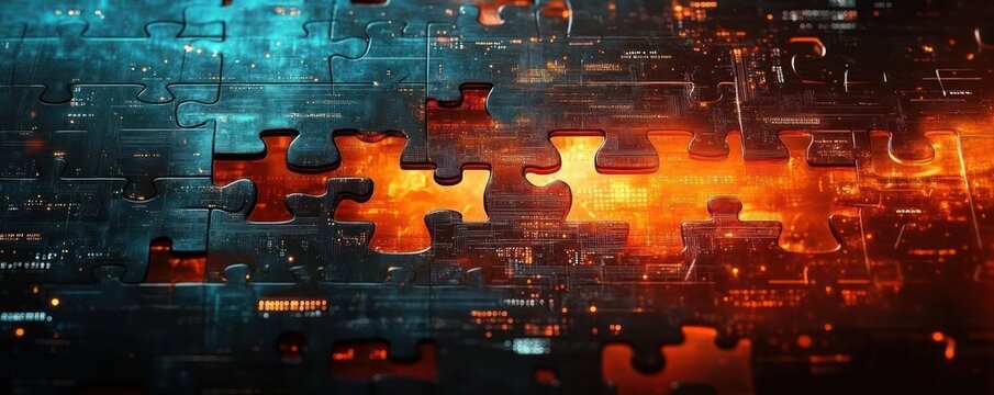 Close-up of a digital puzzle with missing pieces revealing bright glowing circuits underneath, symbolizing technology integration and discovery - Powered by Adobe