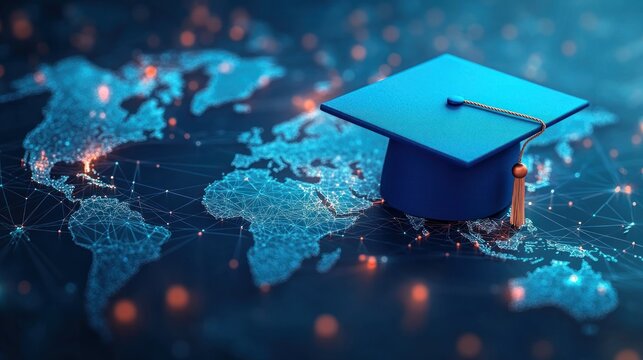 Blue graduation cap placed on illuminated digital world map with network connections symbolizing global education and learning