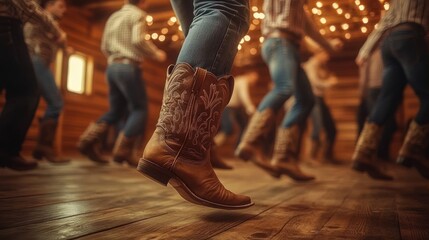 Close-up of people wearing cowboy boots and jeans dancing together on a wooden floor in a warmly lit rustic setting with string lights creating a festive atmosphere