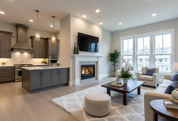 Fototapeta premium Living room in new luxury home with floor to ceiling fireplace