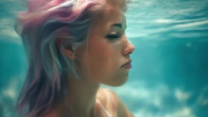Underwater portrait of a young woman with pastel pink and blue hair, eyes closed, serene expression, profile view, submerged in teal water - Powered by Adobe