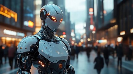 Futuristic humanoid robot with glowing orange eyes and white armor standing in a busy urban street filled with blurred pedestrians and city lights at dusk
