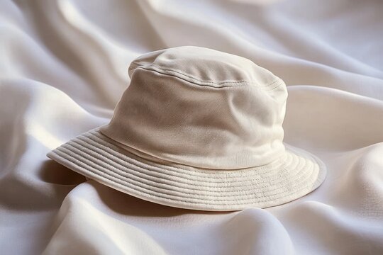 Simple beige bucket hat placed on soft cream-colored silky fabric with gentle folds and shadows
