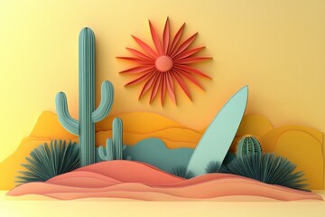 Colorful paper art desert scene with tall cactus plants, stylized sun, layered hills, and desert shrubs expressing warmth and creativity