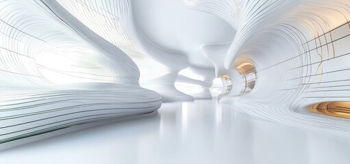 Bright futuristic architectural interior with smooth white flowing walls and curvilinear design featuring subtle lighting accents