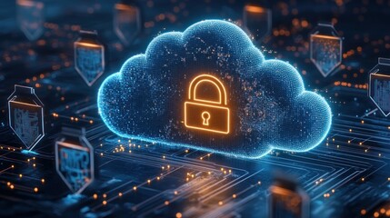 Glowing digital cloud with a lock symbol surrounded by floating shield icons representing cybersecurity and data protection in a futuristic setting