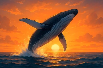 Majestic Whale Leaping from Ocean Waves into a Golden Sunset, a Breathtaking Display of Wild Marine Life and Natural Oceanic Grandeur